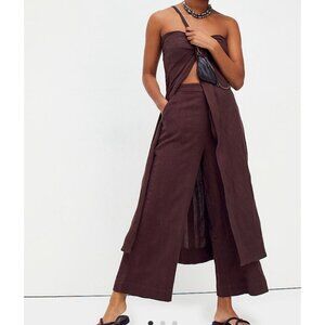 NWT Free People Banita Set Linen Pants Wide Leg Tube Top in Cocoa Bean Brown